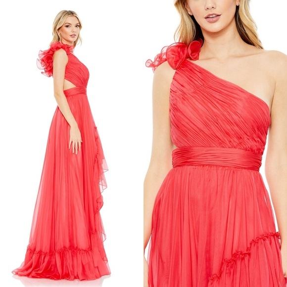 NWT Mac Duggal 67989 Red Ruffled One Shoulder Asymmetrical Gown Size 0 - Picture 2 of 12